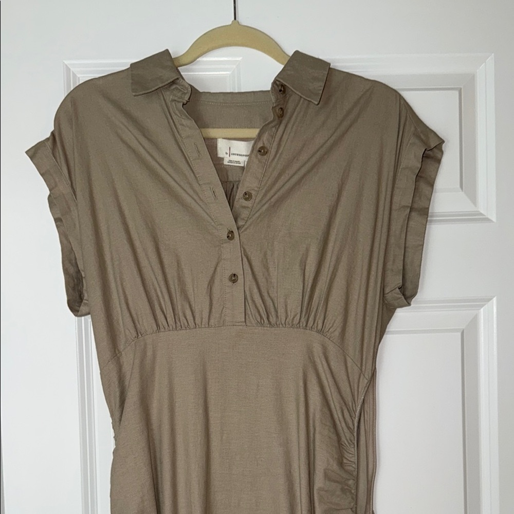 Anthropologie beige buttoned midi dress